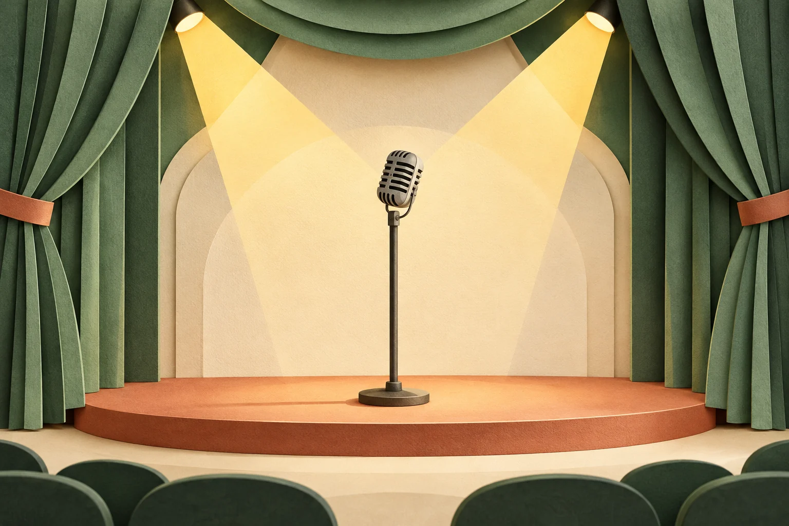 Illustration of a microphone on an empty comedy stage