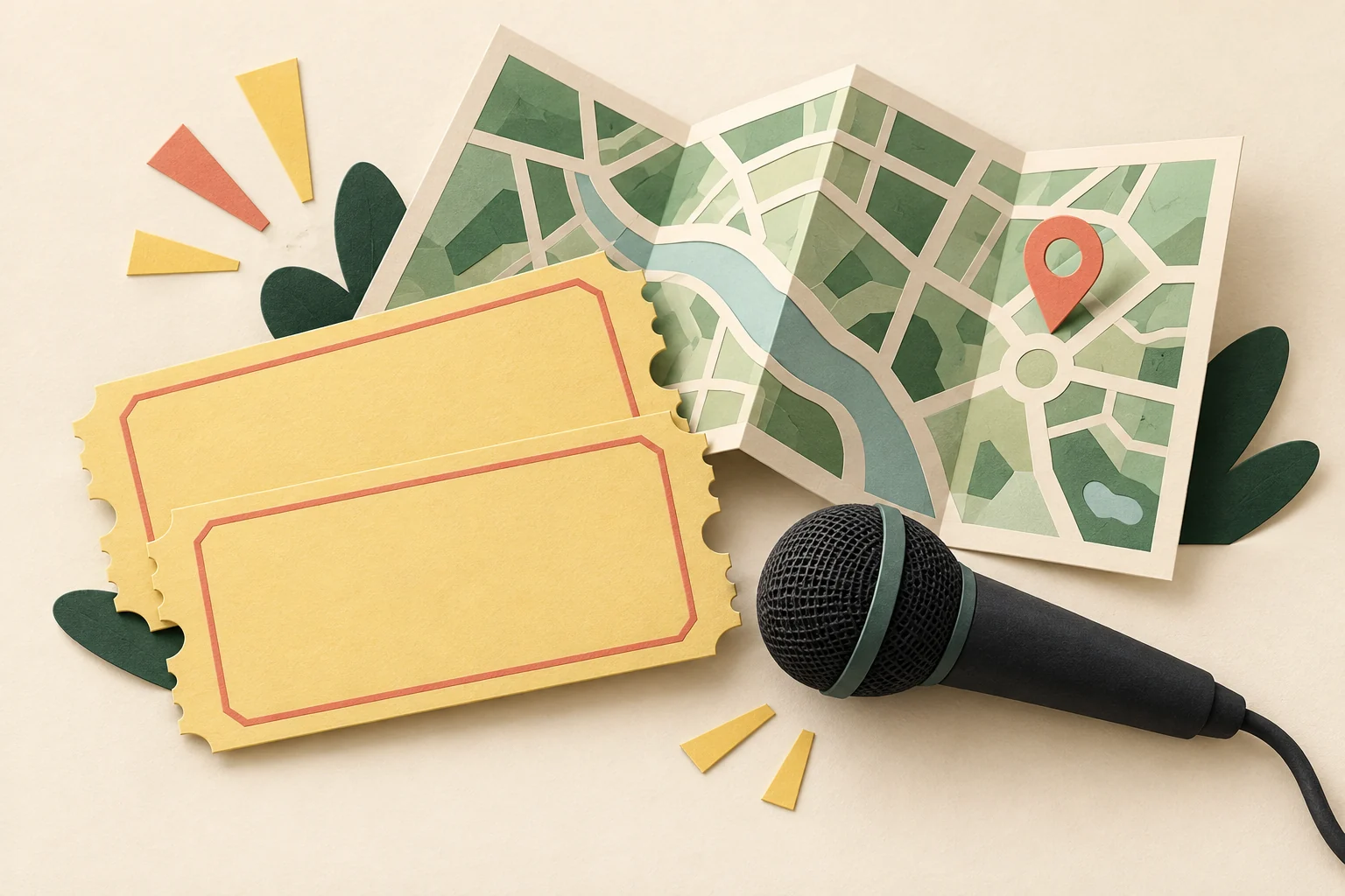 Illustration of blank tickets, a city map and a microphone