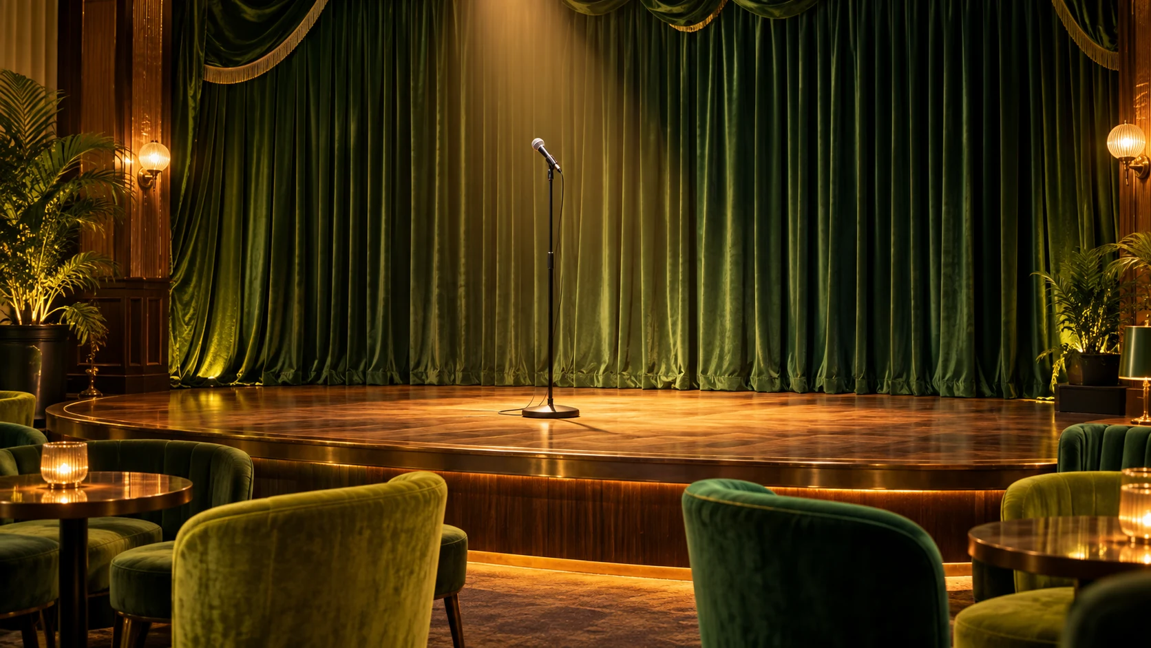 Illustration of a microphone on an empty stage with green curtains