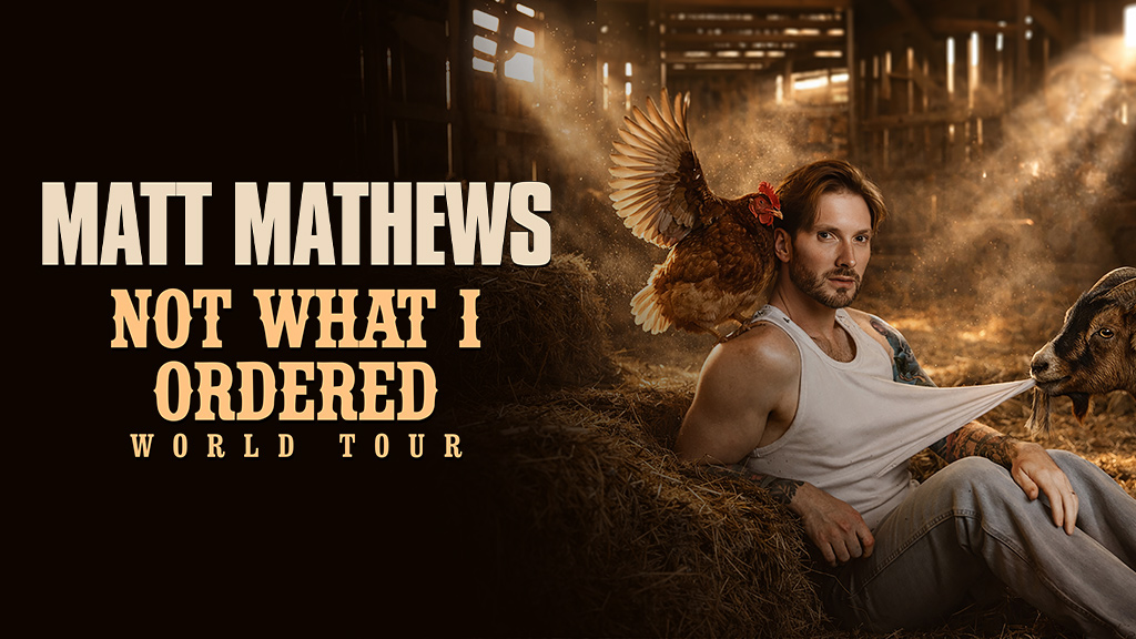 Matt Mathews reclining in a white vest in an ornate gold-toned room beside the tour title.